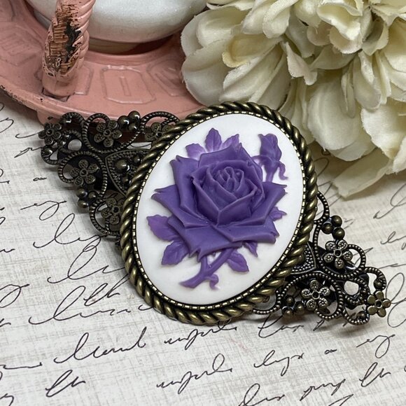 Purple White Rose Cameo Flower Anniversary Wedding Pin Hair Clip Jewelry Comb - Picture 3 of 11